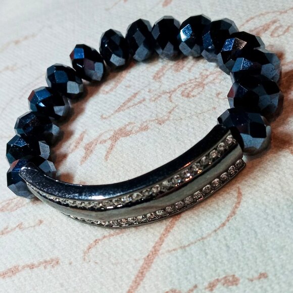 Sparkly Dark Midnight Blue Metallic Rhinestone Crystal Beaded Stretchy Bracelet - Picture 4 of 6